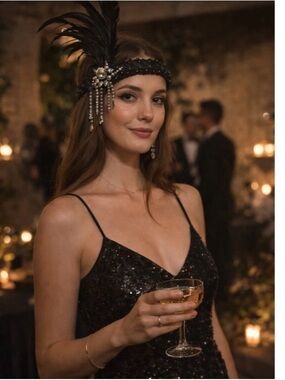 Black Feather & Pearl Headband - Vintage Glam Women’s Accessory
